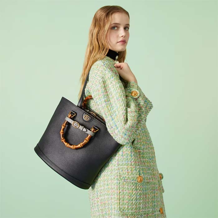 Gucci Women Diana Medium Tote Bag Double G Black Leather Bamboo Handles