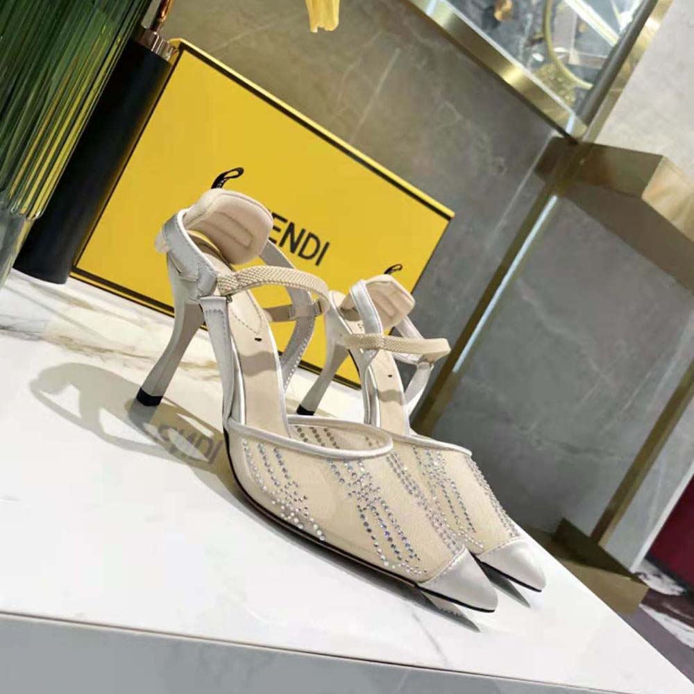 Fendi Women Colibri Pink Mesh High-Heeled Slingbacks with Rhinestone Embroidery