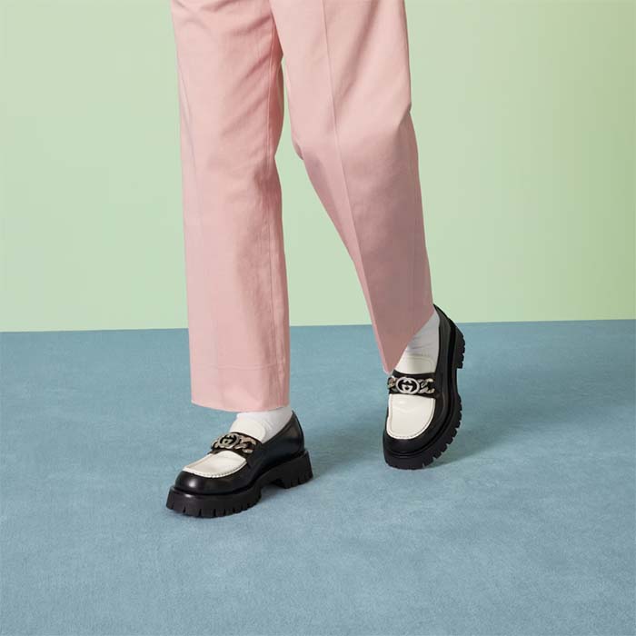 Gucci Unisex GG Loafer Interlocking G Black Off White Leather Rubber Lug Mid 4.3 CM Heel
