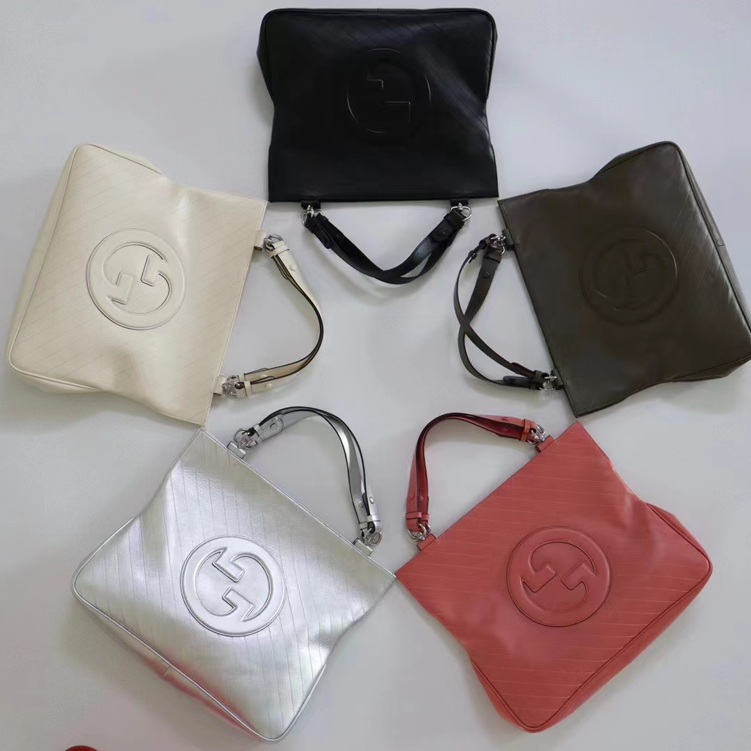 Gucci Unisex Blondie Medium Tote Bag Silver Lamé Leather Round Interlocking G