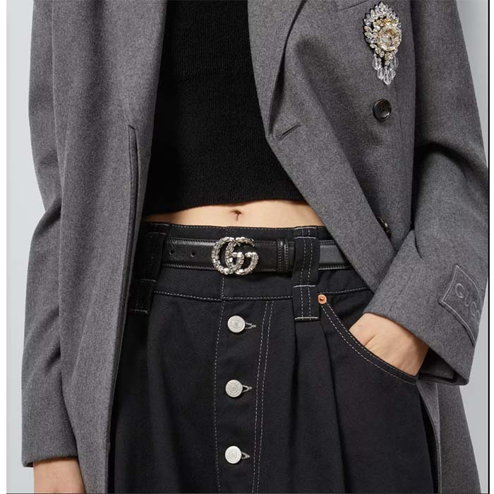 Gucci Unisex GG Marmont Thin Belt Crystals Black Leather Double G Buckle 3 CM Width