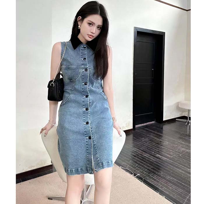 Louis Vuitton Women LV Velvet Accent Denim Dress Cotton Blue Regular Fit 1AFDDN
