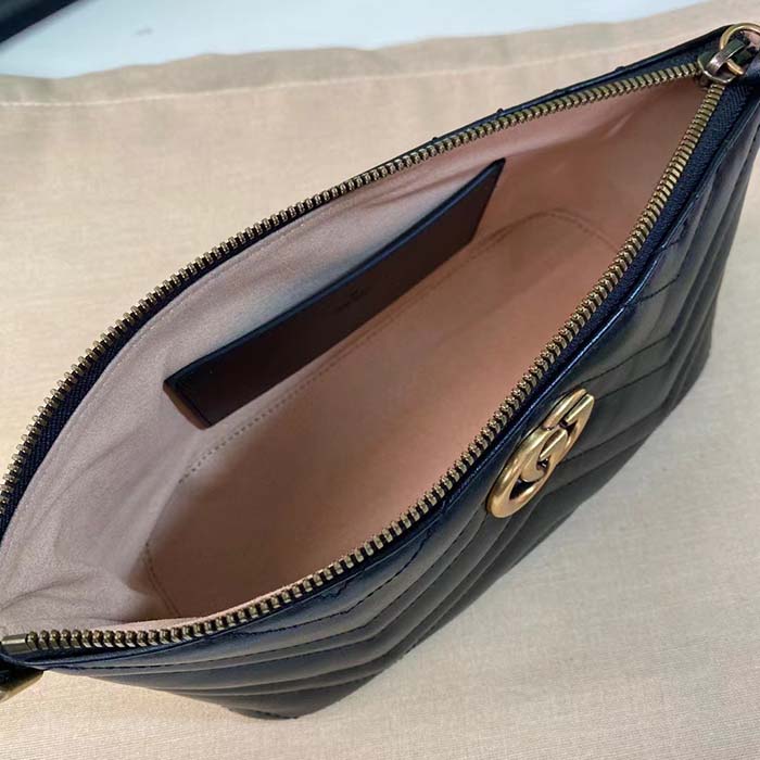 Gucci Women GG Marmont Shoulder Bag Black Matelassé Chevron Leather Double G