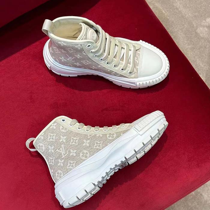 Louis Vuitton Women LV Squad Sneaker Boot Beige Monogram Denim Circle Double Laces