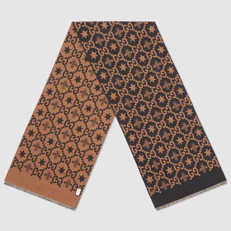 Gucci Unisex Bees And Stars GG Jacquard Scarf in Wool and Silk