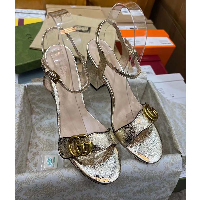 Gucci Women GG Metallic Laminate Leather Mid-Heel Sandal Double G 8 Cm Heel