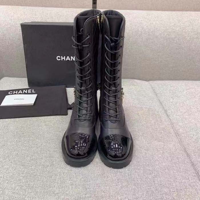 Chanel Women CC Lace-Ups Boots Lambskin & Grained Calfskin Black 4 Cm Heel