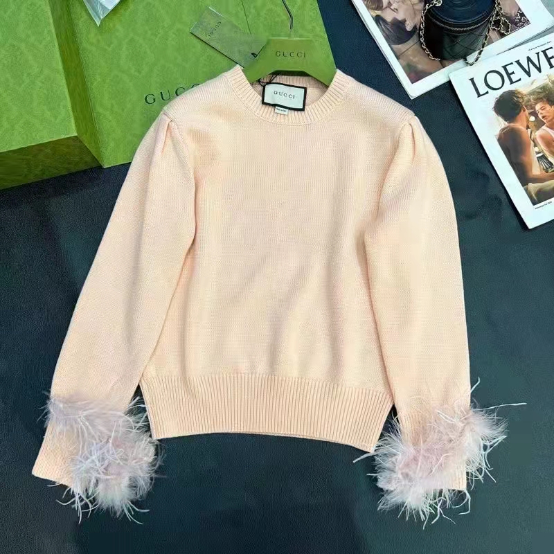Gucci GG Women Silk Mohair Sweater Feathers Beige Double G Embroidery Crewneck