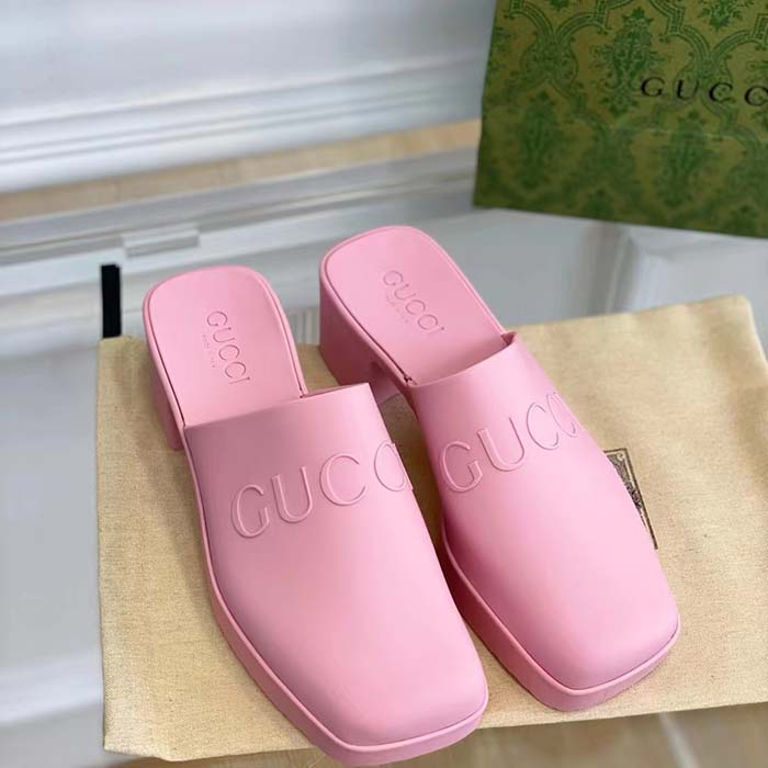 Gucci Women GG Slip-On Sandal Pink Rubber Embossed Logo Square Toe Chevron