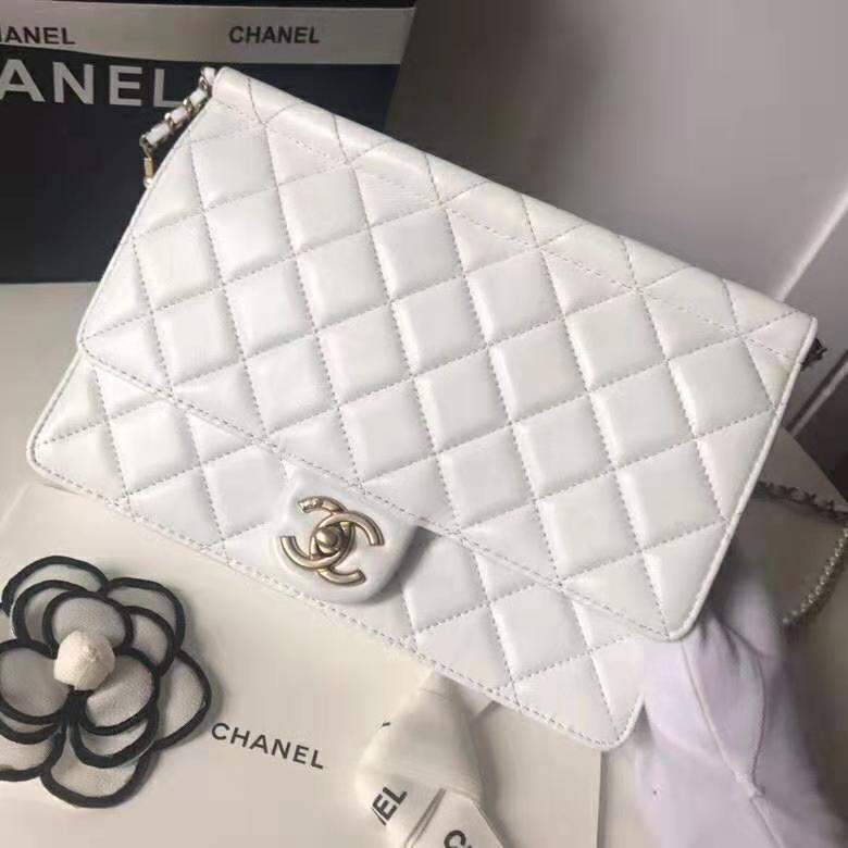 Chanel Women Flap Bag White Ringer Pearl in Goatskin Leather