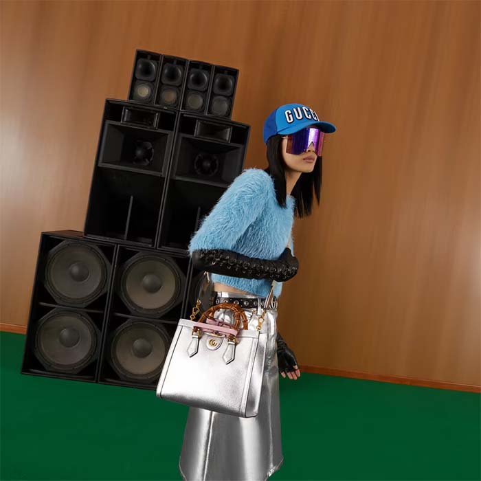 Gucci Women GG Diana Small Tote Bag Silver Lamé Leather Double G