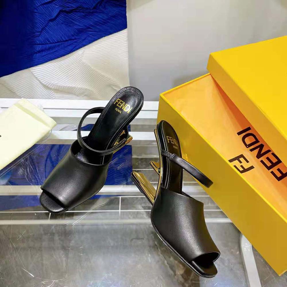 Fendi Women First Black Leather High-Heeled Sandals