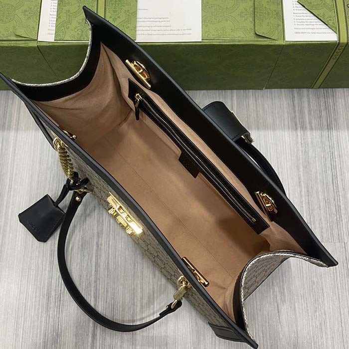 Gucci Women Padlock Medium GG Shoulder Bag Beige Ebony GG Supreme Canvas Black Leather