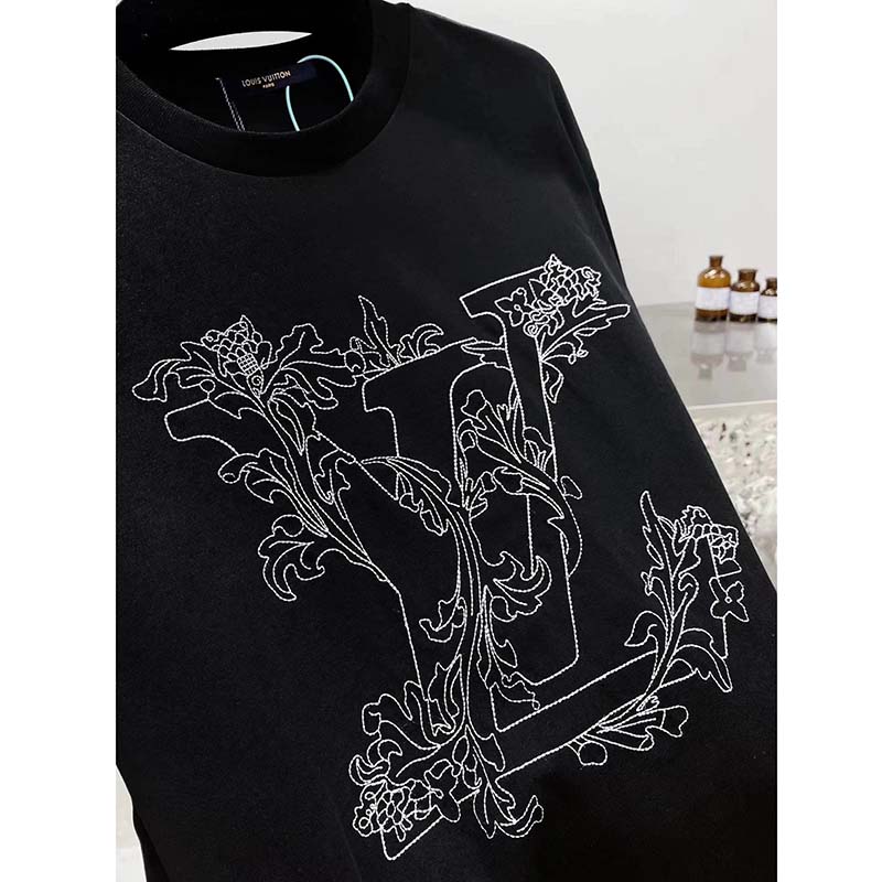 Louis Vuitton Men Embroidered LV Flower T-Shirt Cotton Jersey Regular Fit-Black