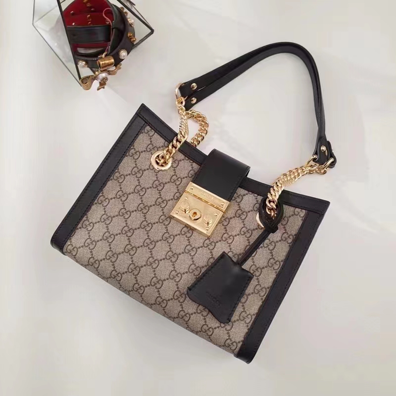 Gucci Women Padlock GG Small Shoulder Bag Black Beige Ebony Supreme Canvas