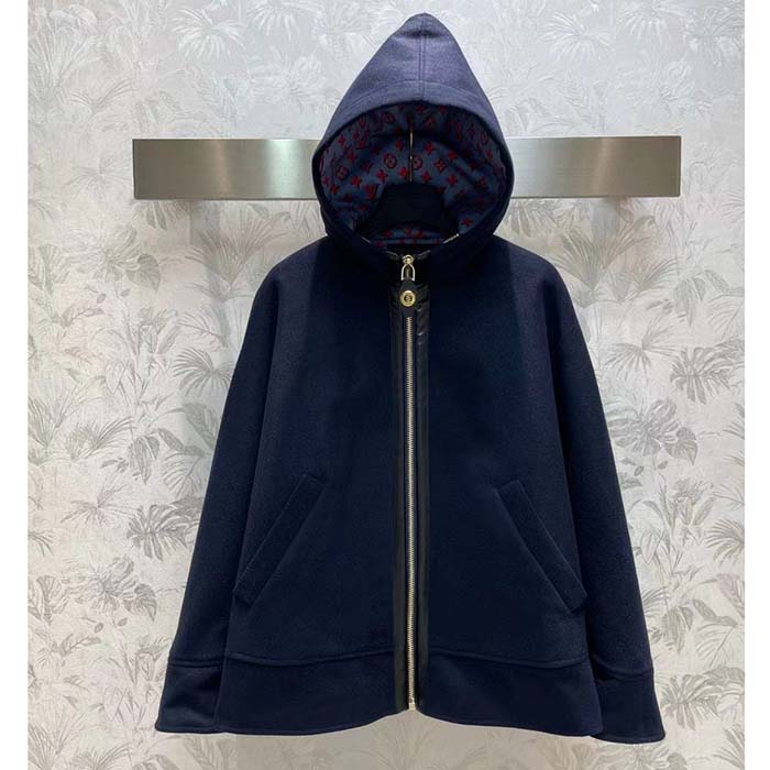 Louis Vuitton Men Cape Hoodie 3D-Effect Monogram Jacquard Wool Silk Navy Regular Fit