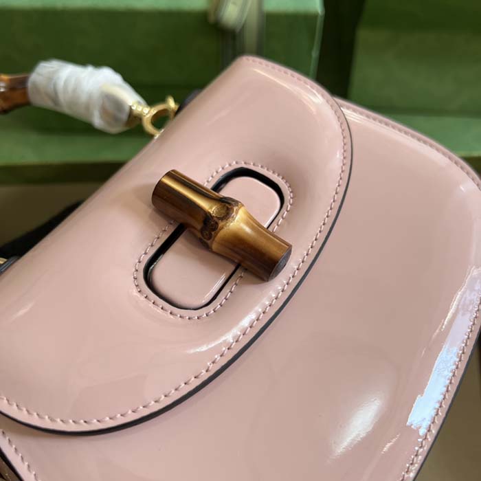 Gucci Women Bamboo 1947 Mini Top Handle Bag Light Pink Patent Leather