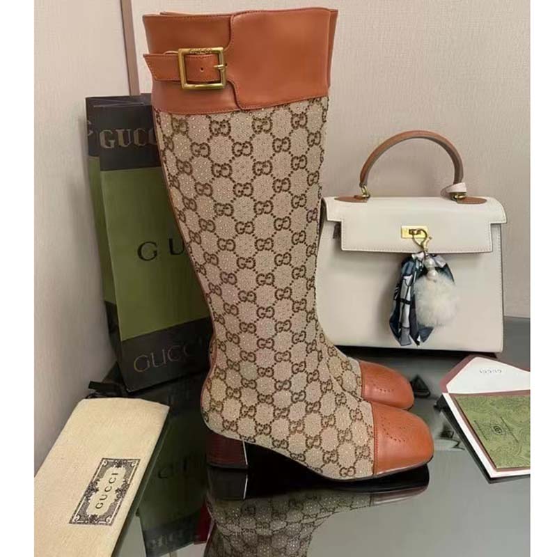 Gucci Blondie Women’s Boot Crystals Beige Ebony GG Canvas Low 5 Cm Heel