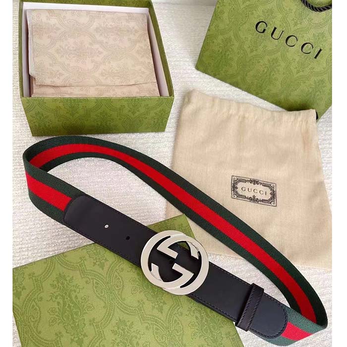 Gucci Unisex GG Web Belt Interlocking G Buckle Green Red Web Black Leather 3.8 CM Width