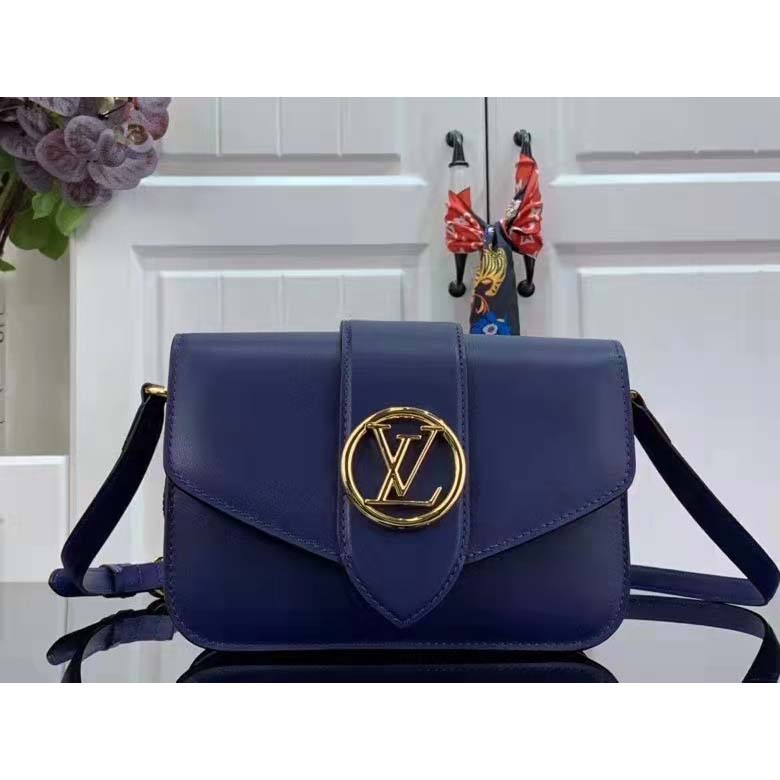 Louis Vuitton LV Women Pont 9 Soft MM Handbag Blue Grained Calfskin