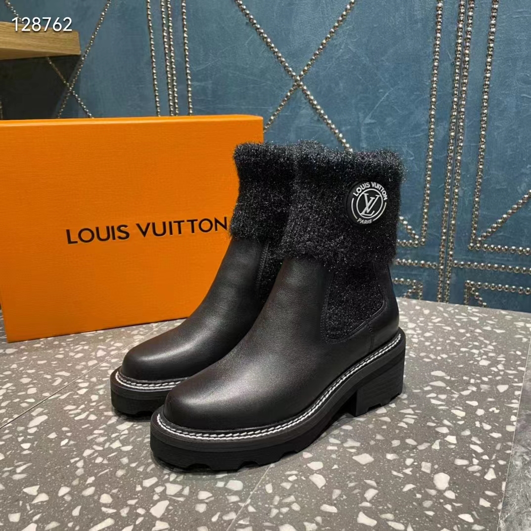 Louis Vuitton Women Shoes LV Beaubourg Ankle Boot Black Calf Leather Wool