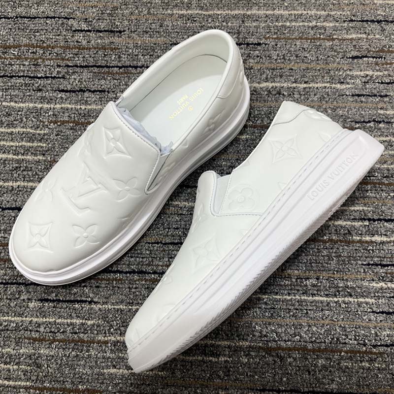 Louis Vuitton LV Unisex Beverly Hills Slip-On Sneaker White Monogram Embossed Calf Leather