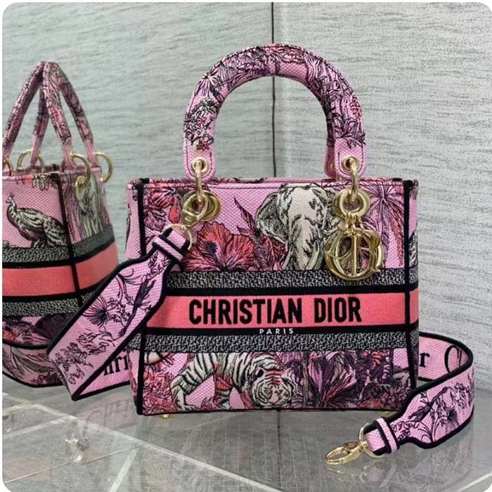 Dior Women CD Medium Lady D-Lite Bag Pink Multicolor Toile De Jouy Voyage Embroidery