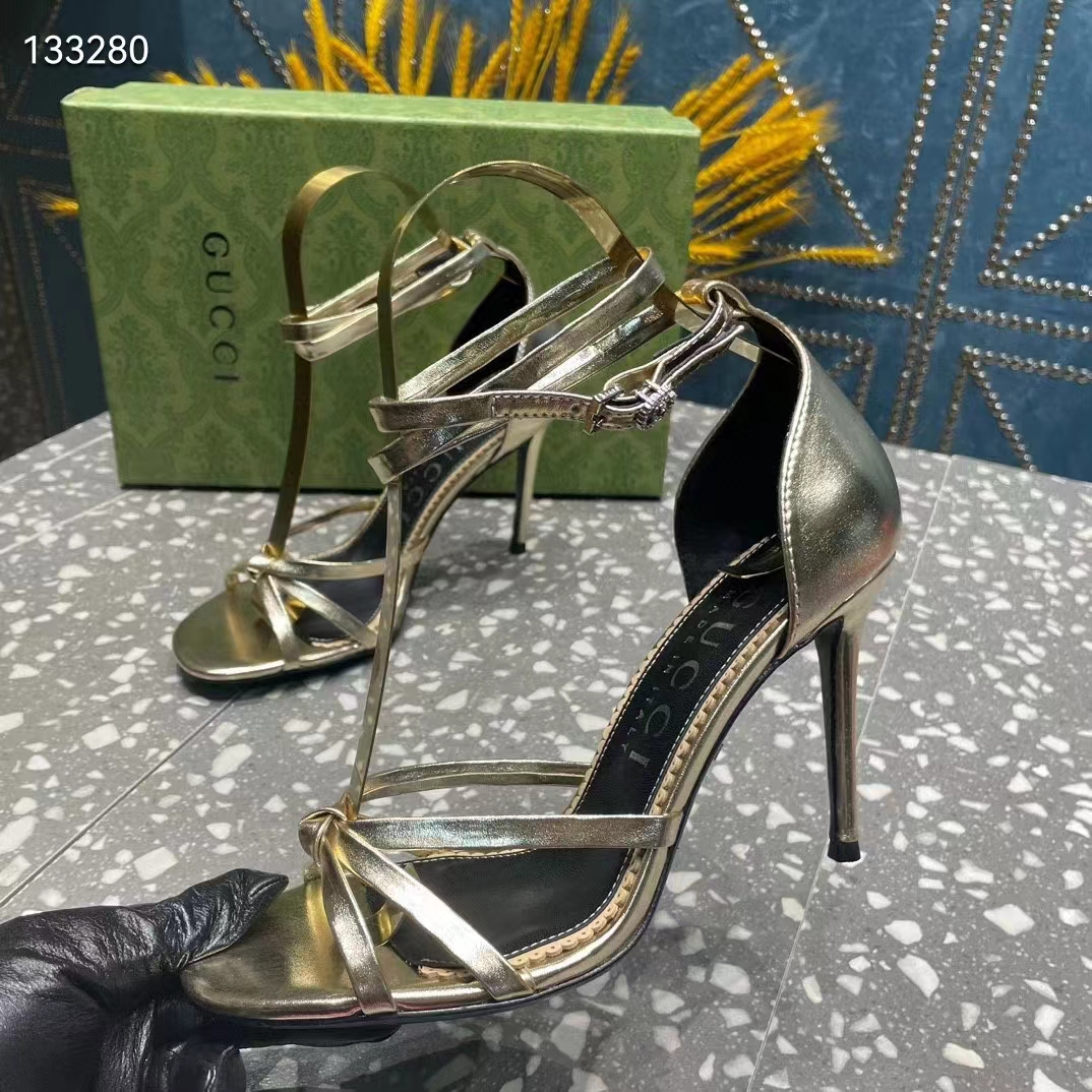 Gucci Women GG Strappy Sandal Double G Metallic Platinum Leather Crystal High 11 CM Heel