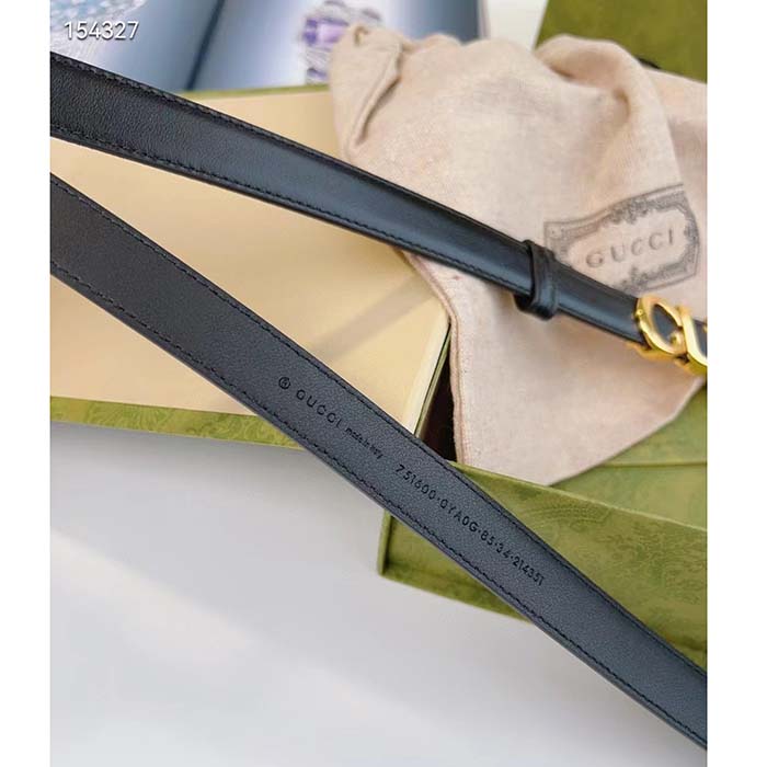 Gucci Unisex Buckle Thin Belt Black Leather Gold-Toned Hardware 2 CM Width