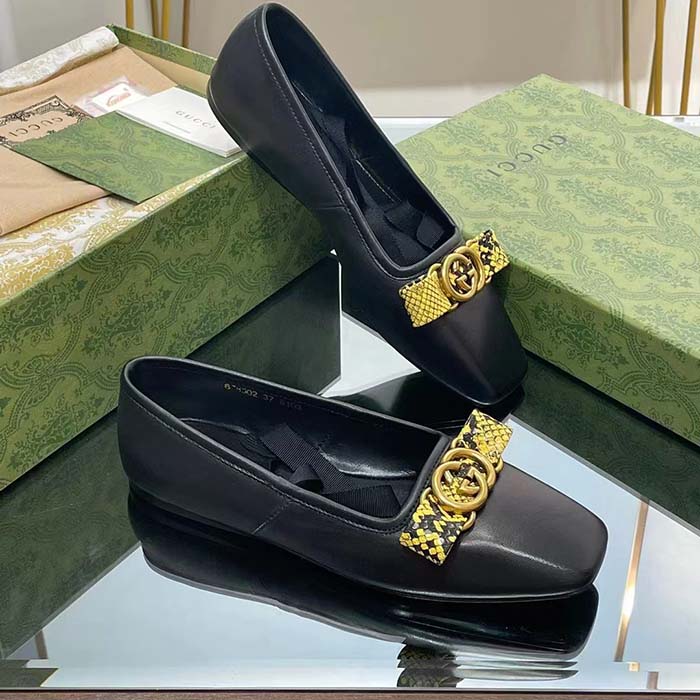 Gucci Women GG Interlocking G Ballet Flat Black Leather Python Print Leather Bow
