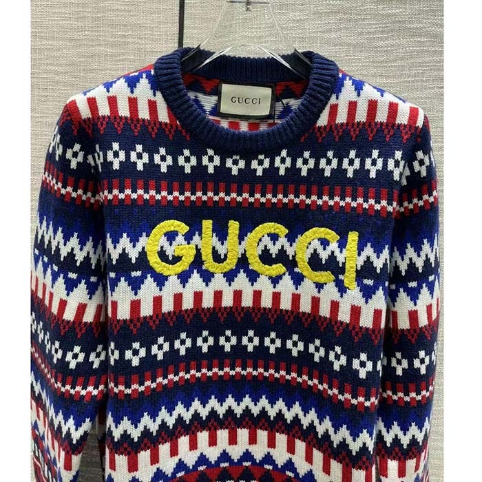 Gucci Women Knit Wool Sweater Gucci Embroidery Crewneck Dropped Shoulder Rib Style ‎763391 XKDOX 4216