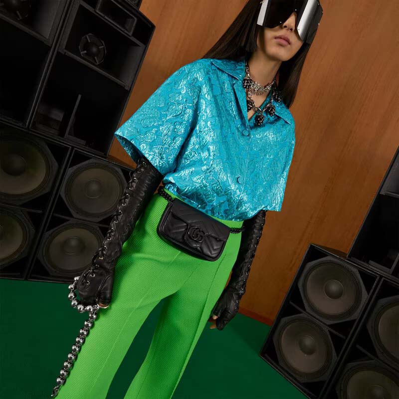 Gucci Women GG Marmont Belt Bag Black Chevron Matelassé Leather Double G