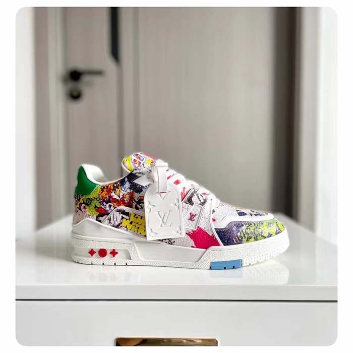 Louis Vuitton Unisex LV Trainer Sneaker White Printed Canvas Rubber Outsole Initials