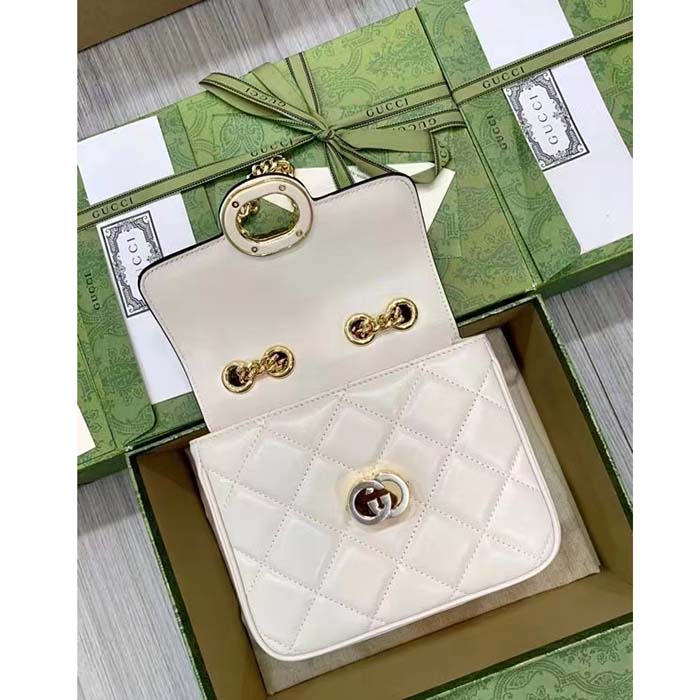 Gucci Women GG Deco Mini Shoulder Bag White Quilted Leather Interlocking G