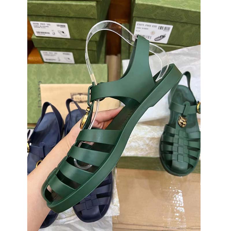 Gucci Unisex GG Sandal Double G Transparent Emerald Green Rubber Flat