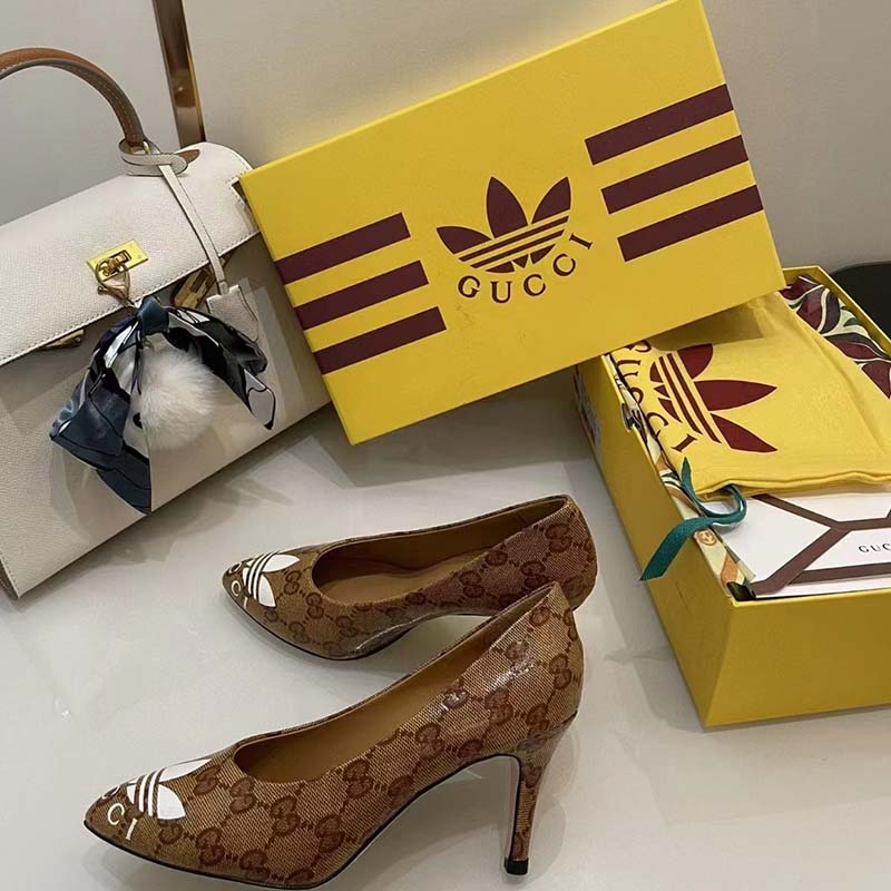 Gucci Women Adidas x Gucci GG Pump Beige Brown GG Crystal Canvas 9 Cm Heel