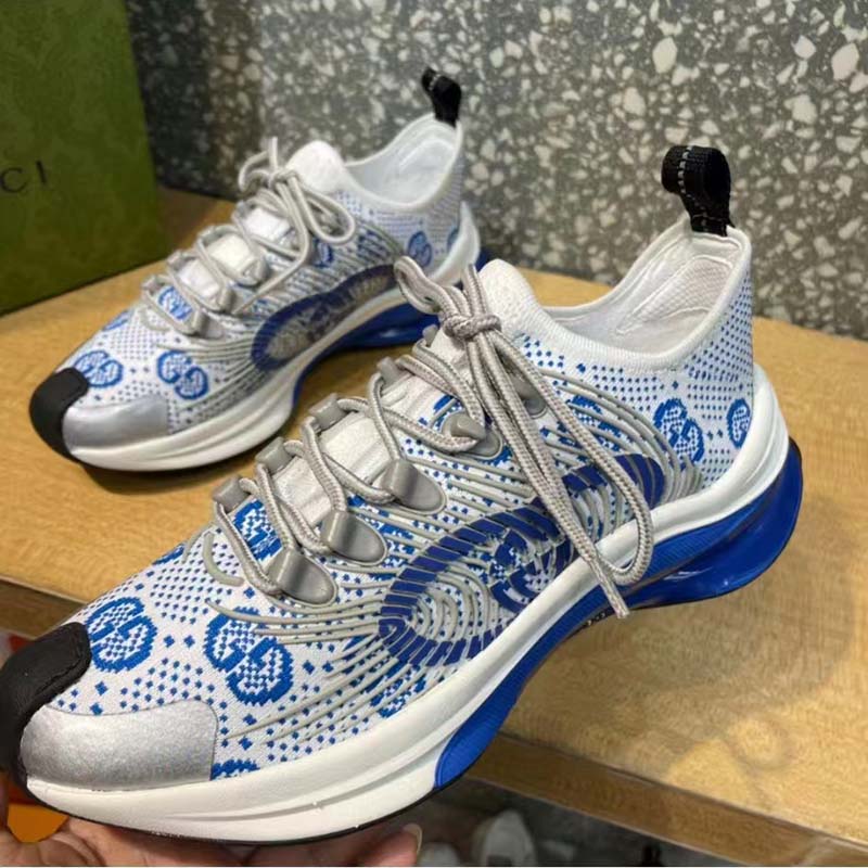 Gucci Unisex Run Sneaker White Blue GG Technical Knit Fabric Interlocking G Rubber