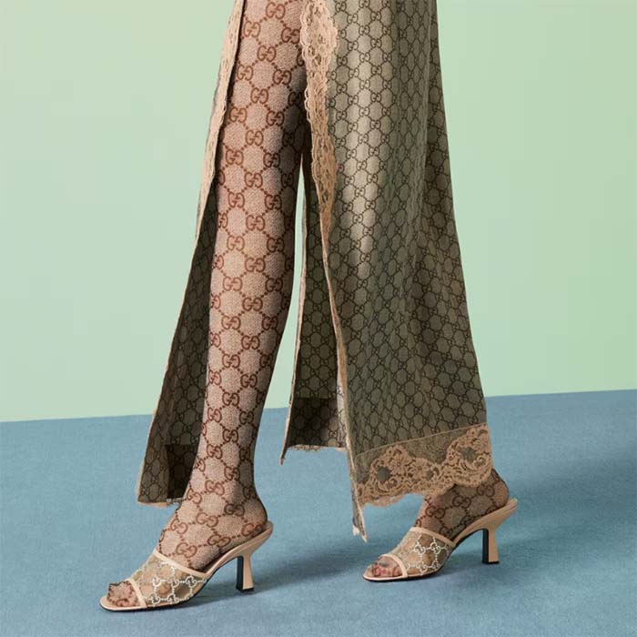 Gucci Women GG Mid Heel Slide Sandal Rose Beige GG Crystal Mesh 7.6 CM Heel