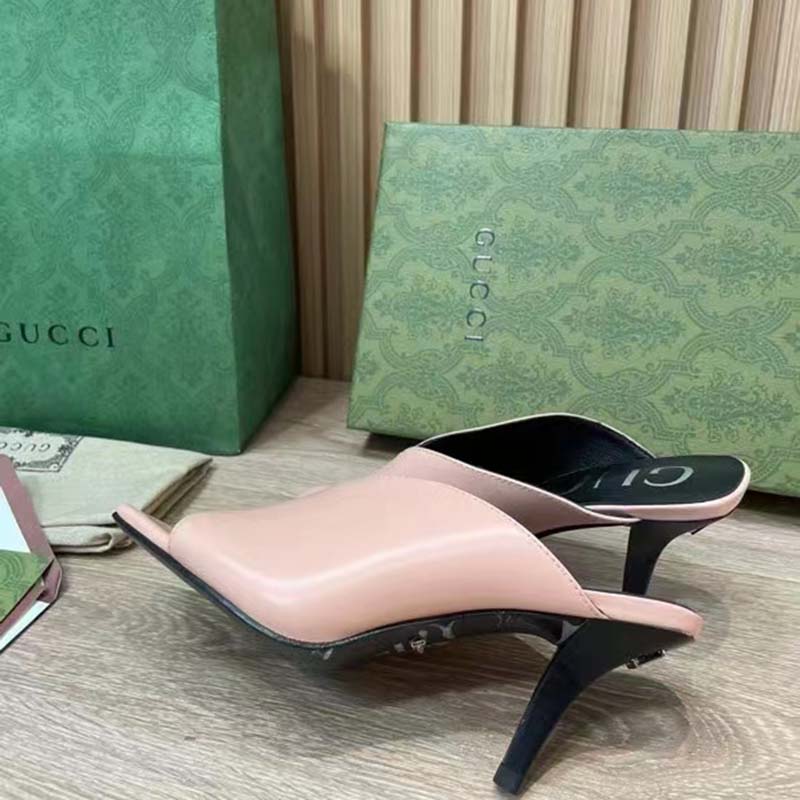 Gucci Women GG Mid-Heel Open Toe Pump Light Pink Leather Square Toe