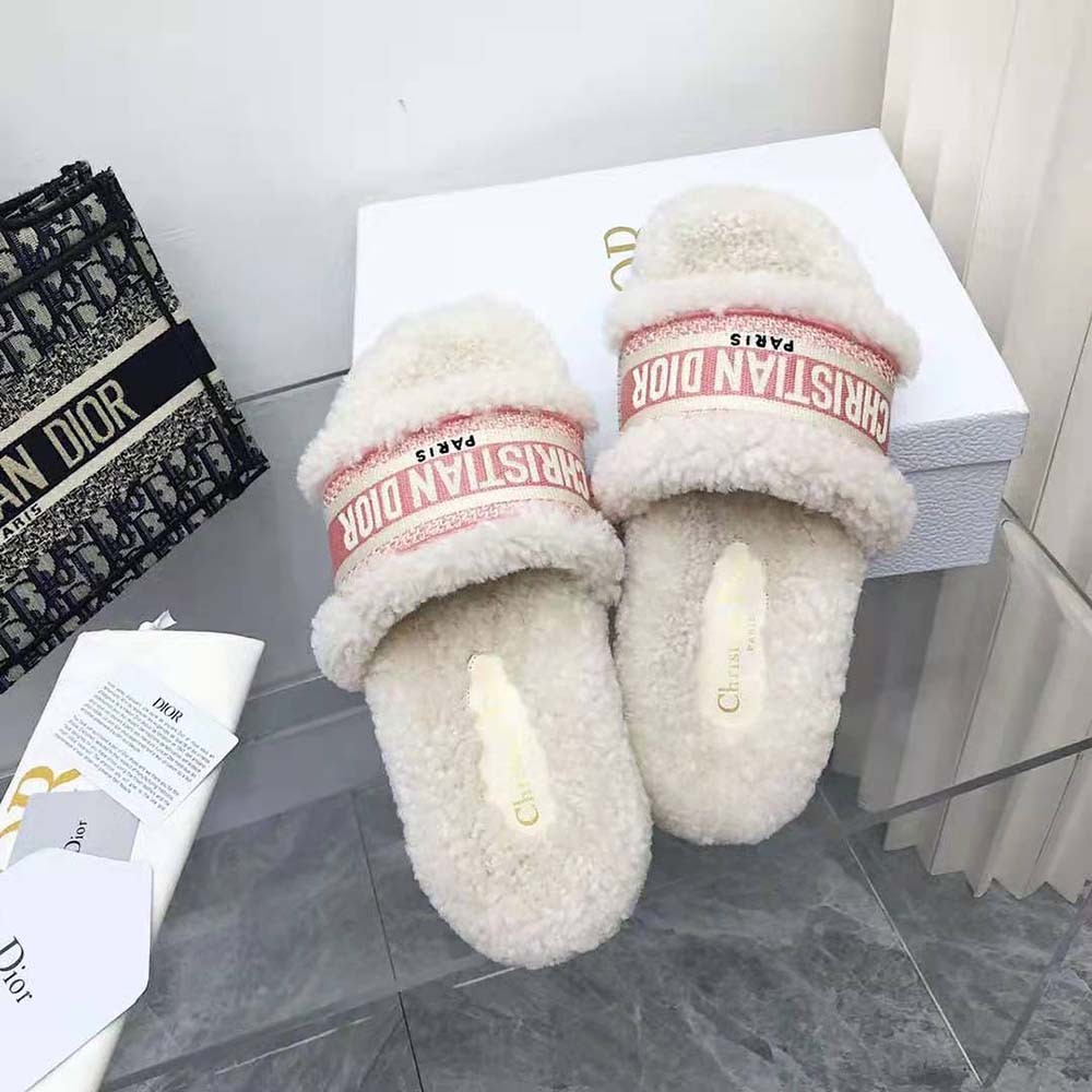 Dior Women Dway Slide Peony Pink Embroidered Cotton and White Shearling