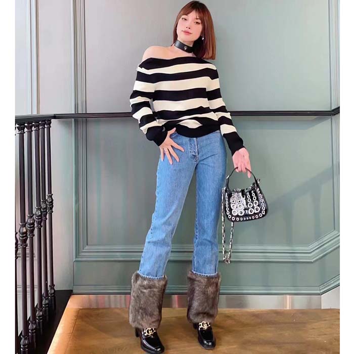 Gucci Women GG Loafer Interlocking G Shiny Black Leather Mid 6 Cm Heel