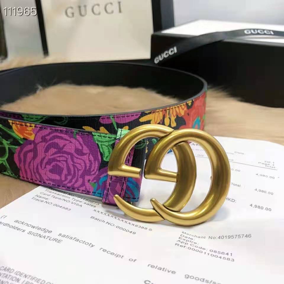 Gucci Women Ken Scott Print GG Marmont Belt Double G Buckle 4 cm Width-Black