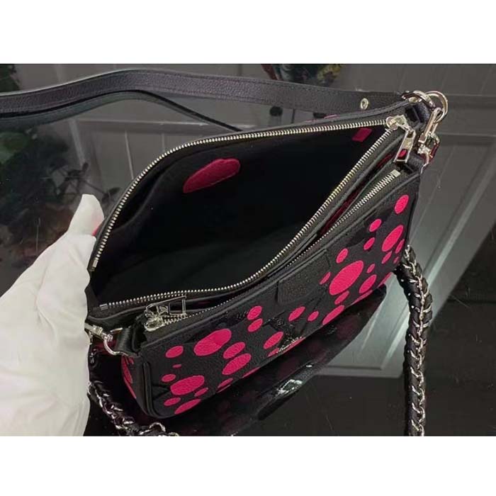 Louis Vuitton Women LV x YK Multi Pochette Accessoires Black Fuchsia Embossed Grained Monogram Empreinte Cowhide
