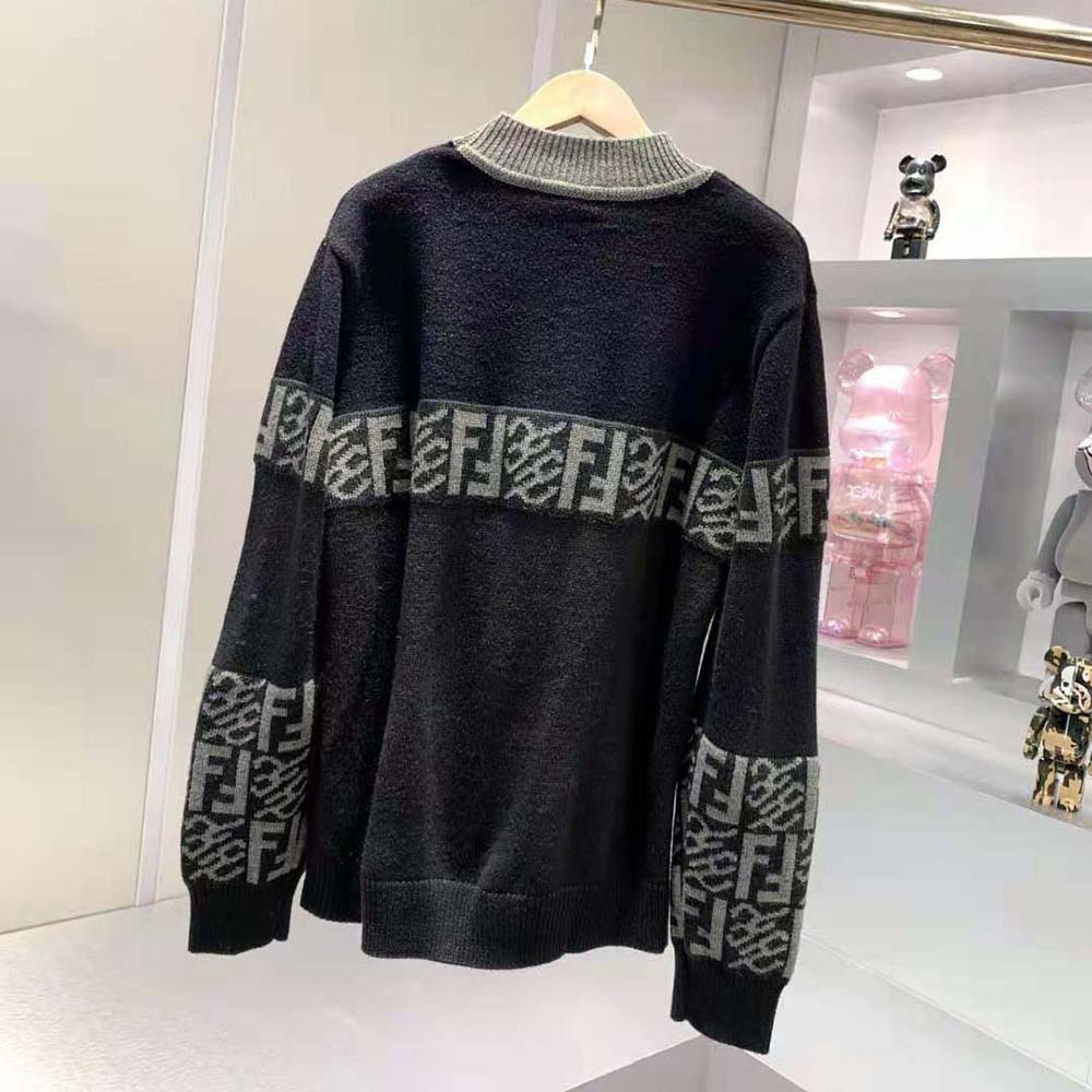 Fendi Men Black Wool Sweater with High Collar and Long Sleeves