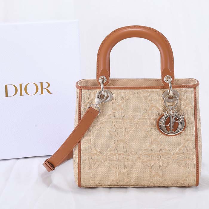 Dior Women CD Medium Lady Dior Handbag Natural Cannage Raffia