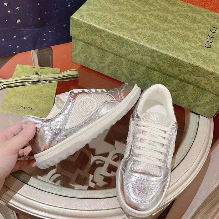 Gucci Unisex GG MAC80 Sneaker Metallic Silver Leather Fabric Round Toe Rubber Flat