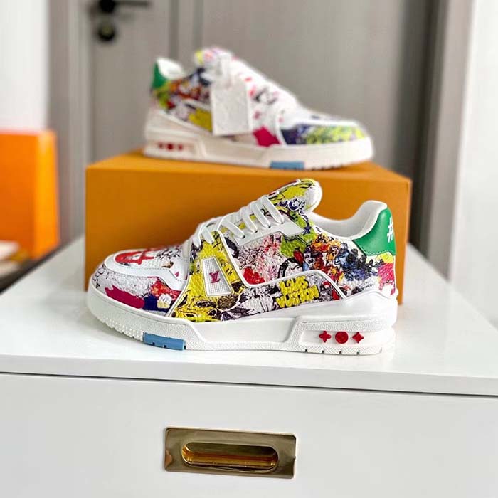 Louis Vuitton Unisex LV Trainer Sneaker White Printed Canvas Rubber Outsole Initials