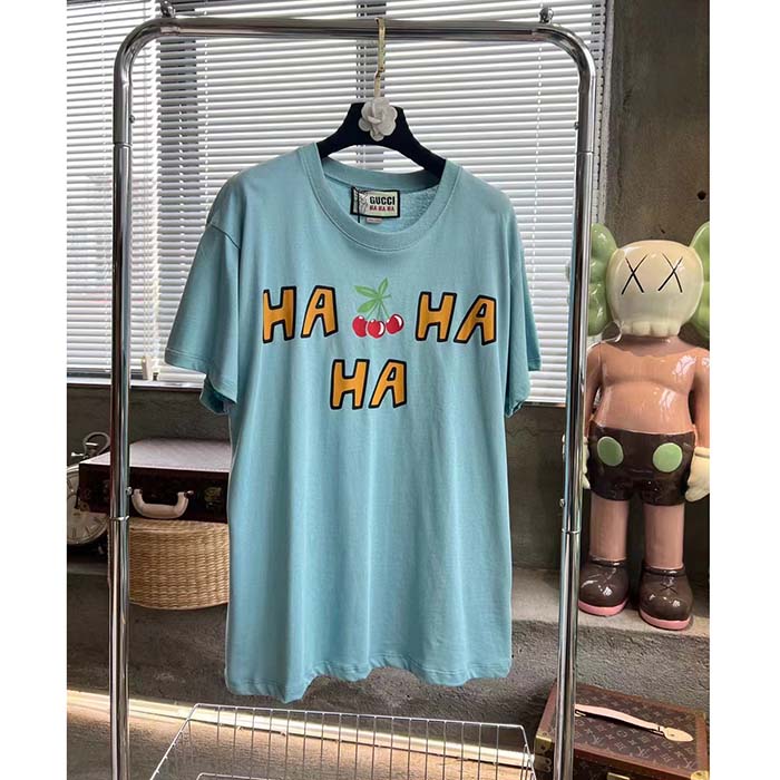 Gucci Men GG HA HA HA Cherry T-Shirt Light Blue Medium Cotton Jersey Crewneck