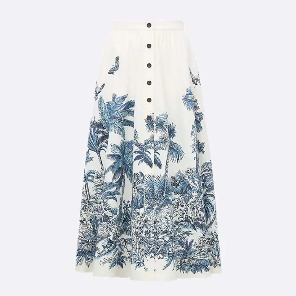 Dior Women Dioriviera Mid-Length Flared Skirt White and Blue Toile de Jouy