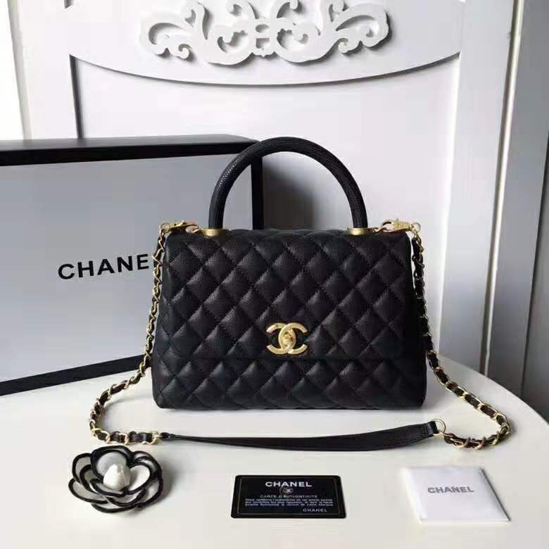 Chanel Women Flap Bag with Top Handle in Grained Calfskin Leather-Black